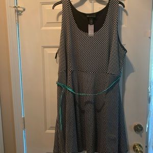 Black /white polka dot dress with turquoise belt